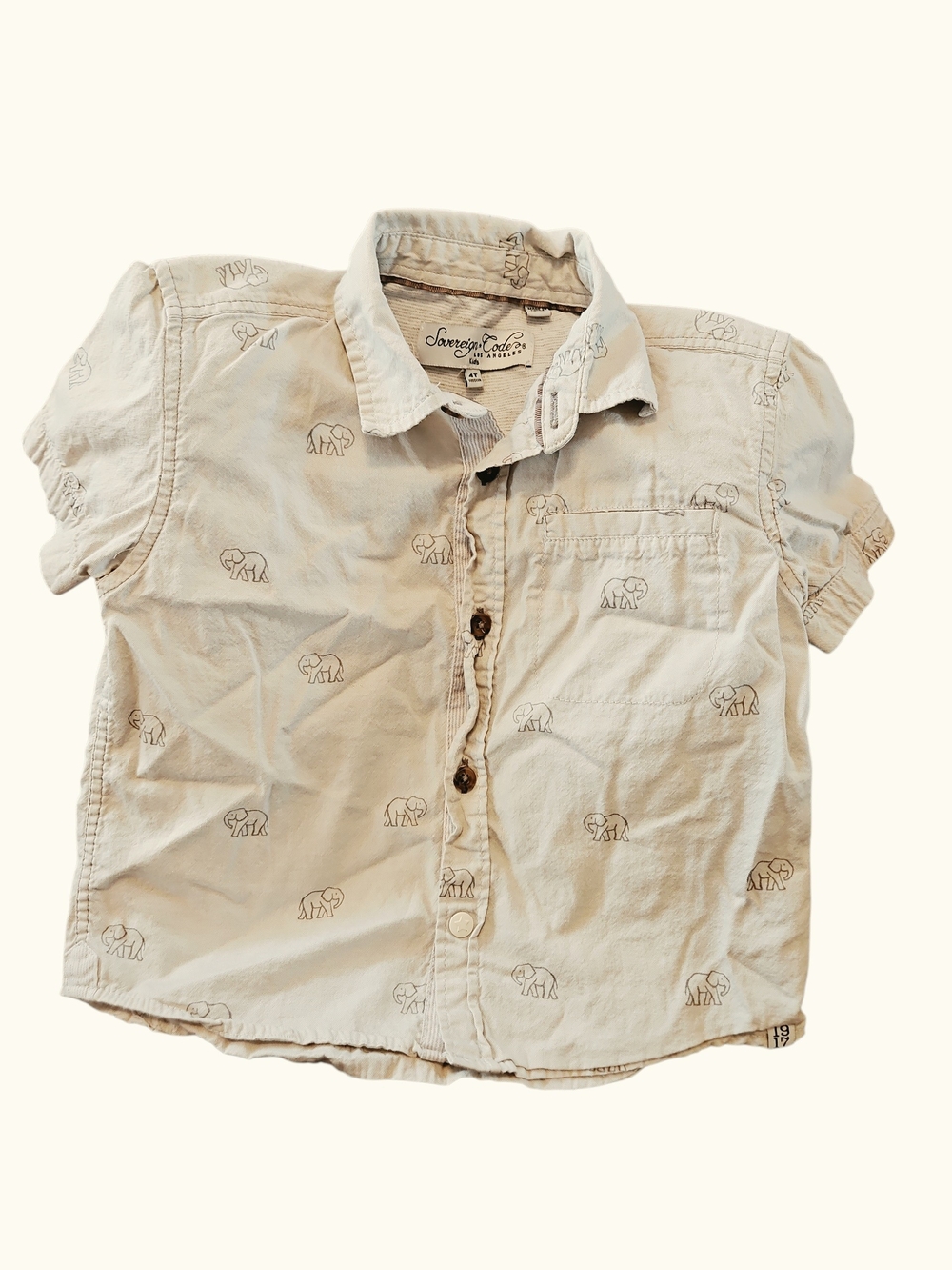 Sovereign Code Beige Elephant Print Button-Down Shirt Boys Size 4t